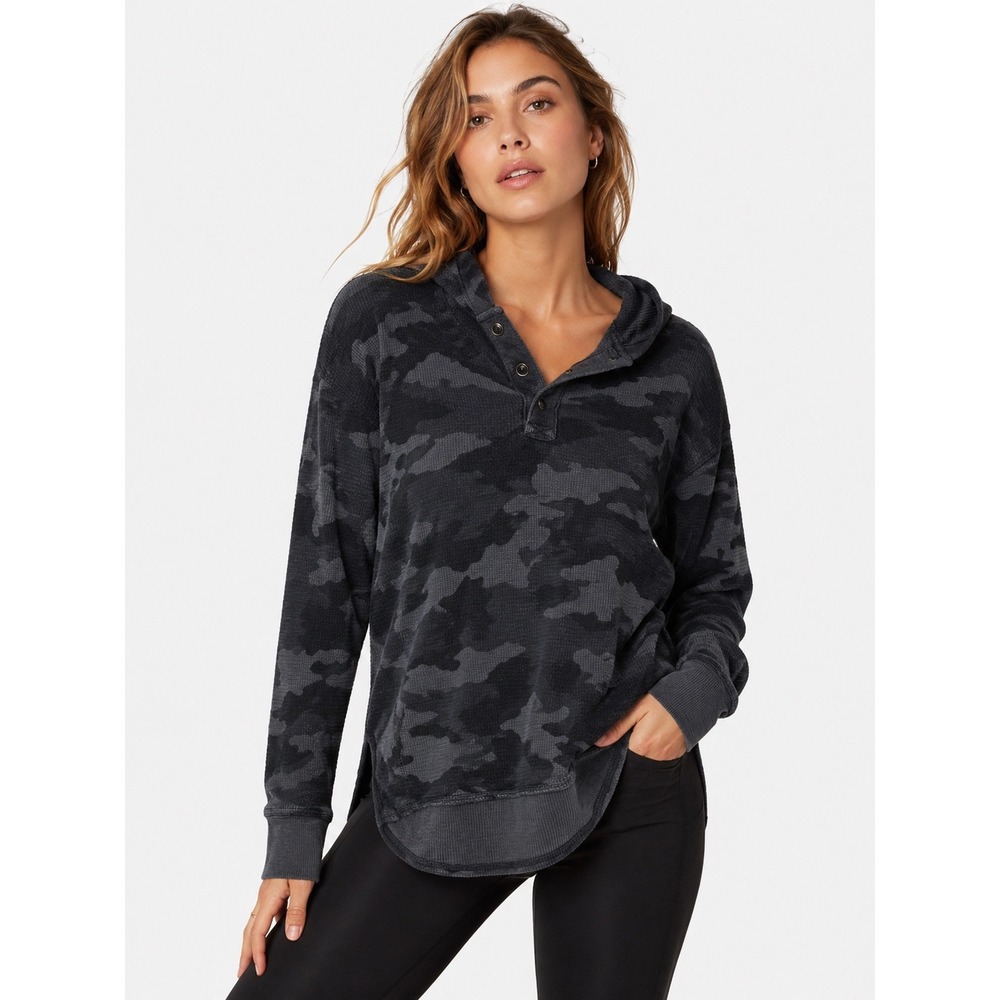 Lucky Brand Hoodie Womens Small Grey Camo Waffle Knit Henley Thermal Pullover